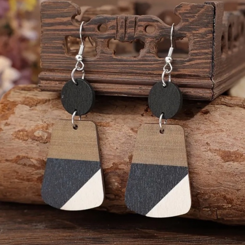 Bohemian Tri Color Wood Earrings - Picture 2 of 4